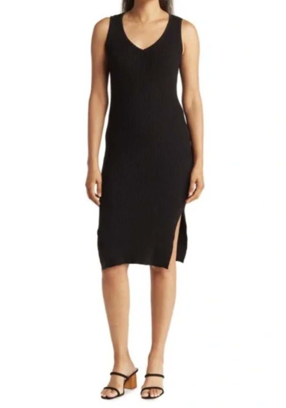 Magaschoni Ribbed Knit Black Sweater Dress V Neck Slit Size L